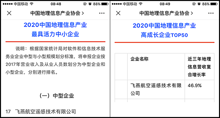 喜訊丨飛(fēi)燕遙感榮獲2020中國地理(lǐ)信息産業最具活力中型企業榮譽稱号，榮耀入選2020中國地理(lǐ)信息産業高(gāo)成長(cháng)企業TOP50！